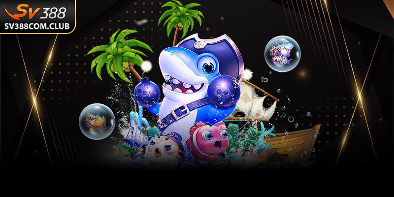 Giao diện đại dương sinh động trong trò chơi bắn cá ăn xu, cá lớn nhỏ bơi khắp màn hình, người chơi đang nhắm boss.